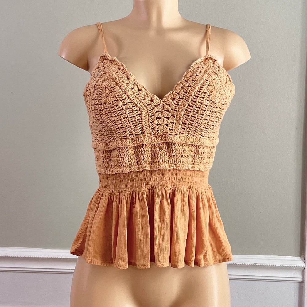Rebellion Again Crochet Cami Top Women S Peplum Smocked Back Orange‎ Boho Summer